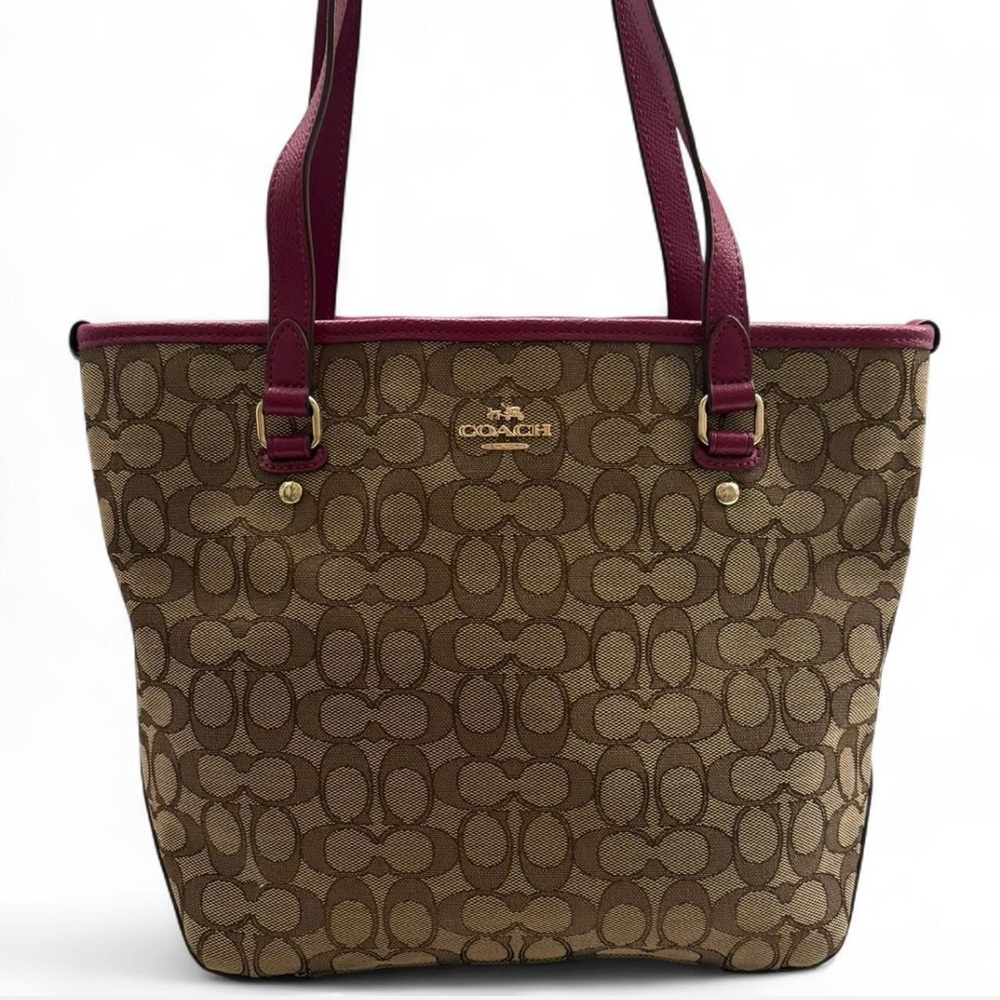 COACH Brown Signature Canvas & Magenta Leather Tote Bag | Style F55364